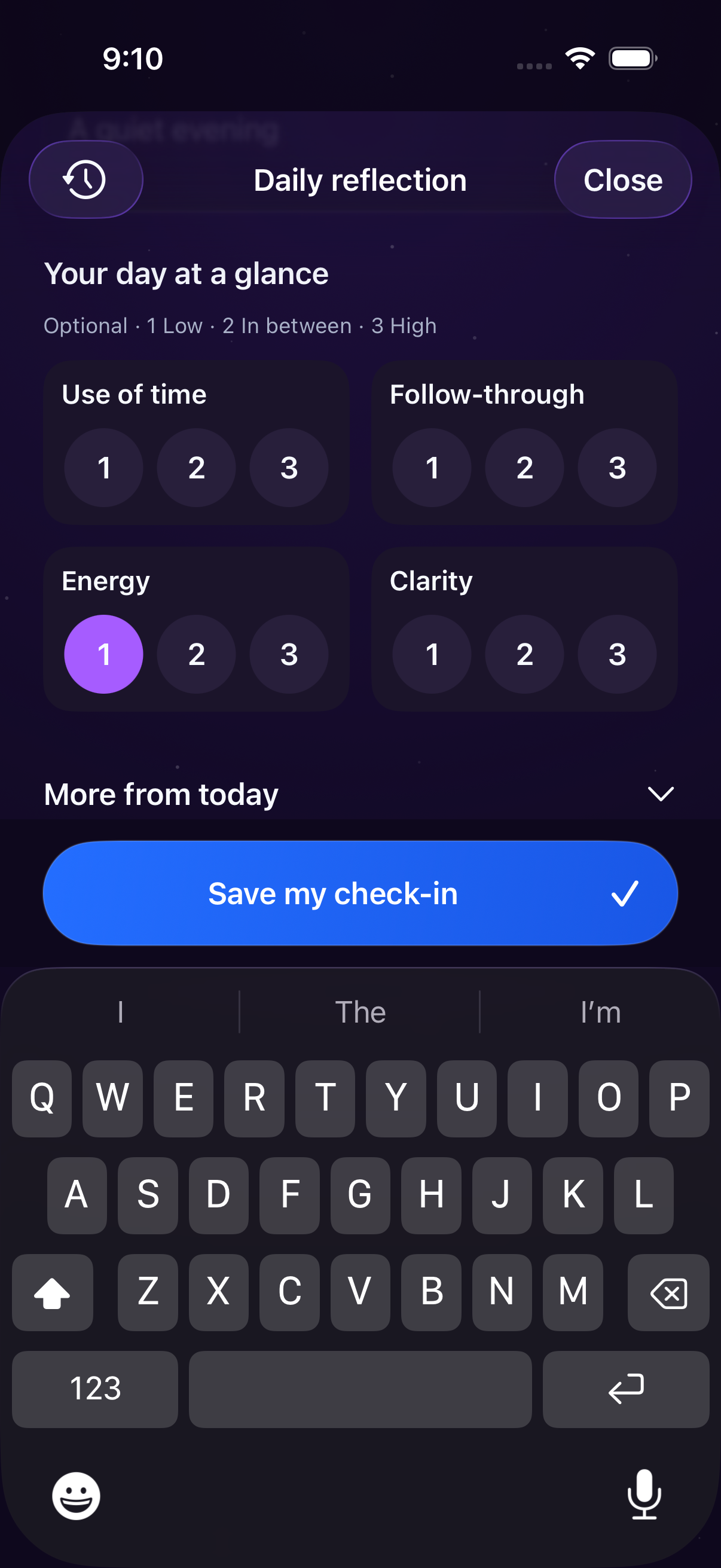 LifeRank reflection check-in with optional ratings for the day