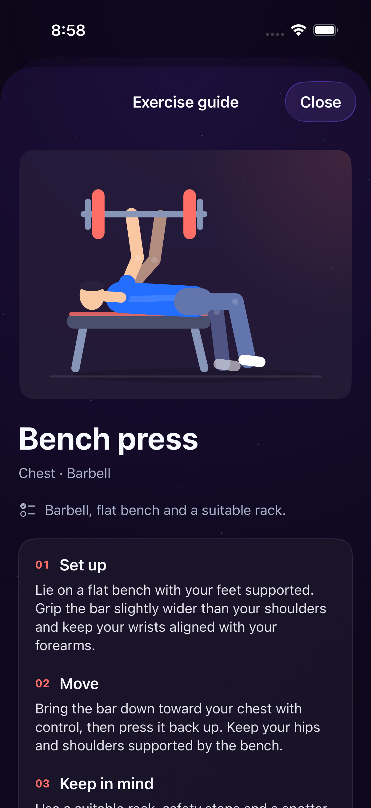 LifeRank bench press guide showing the illustration, equipment and step-by-step instructions